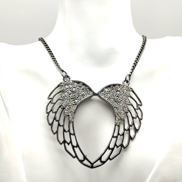 Rhinestone Angel Wing Open Heart Necklace Silver Tone Statement Pendant Chain - Picture 10 of 16